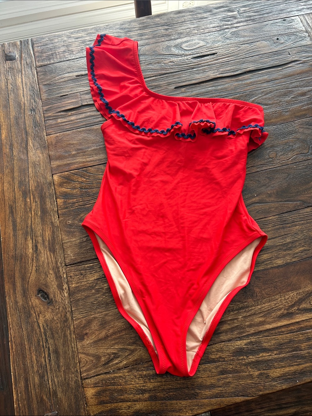 J. Crew Red One-Shoulder Ruffle Swimsuit with Navy Trim